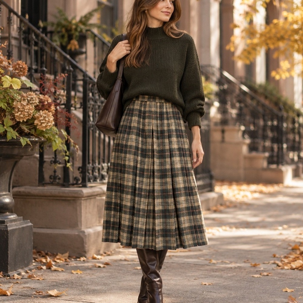 Vintage 100% Wool Pleated Midi Skirt Womens 8 Brown Plaid Academia Made Canada